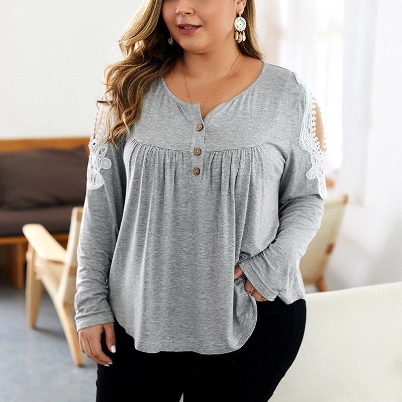 Autumn Casual Fashion T-Shirt 6XL 7XL 8XL 9XL Ladies Long Sleeve Embroidered Button Round Neck High Elastic T-Shirt Bust 143CM