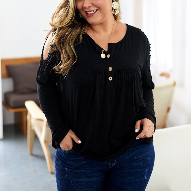 Autumn Casual Fashion T-Shirt 6XL 7XL 8XL 9XL Ladies Long Sleeve Embroidered Button Round Neck High Elastic T-Shirt Bust 143CM