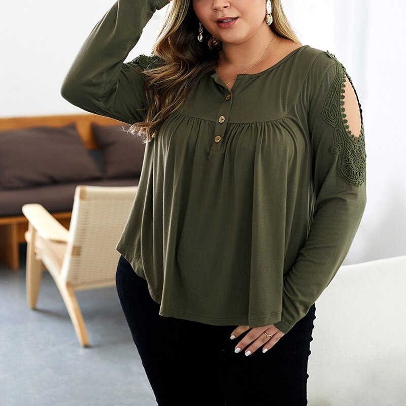 Autumn Casual Fashion T-Shirt 6XL 7XL 8XL 9XL Ladies Long Sleeve Embroidered Button Round Neck High Elastic T-Shirt Bust 143CM