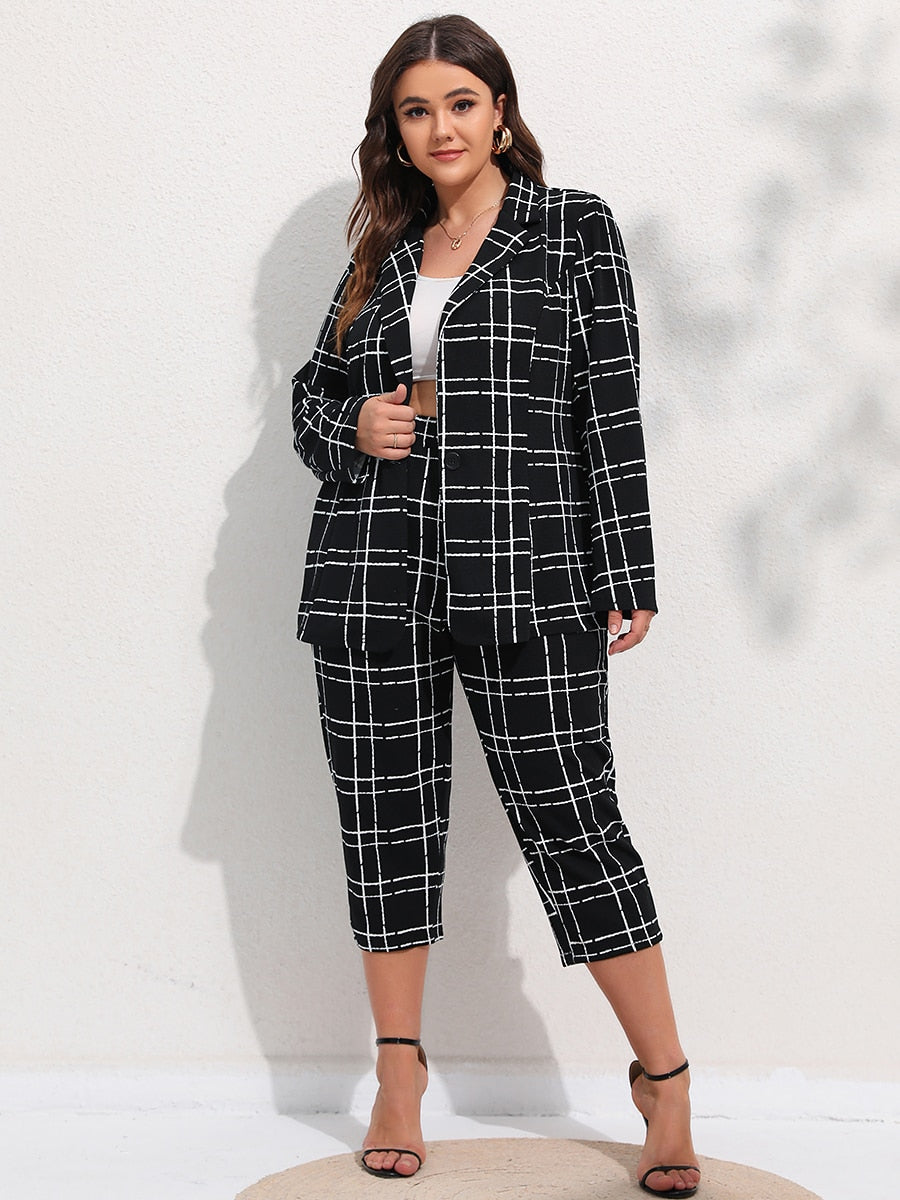 Finjani Plus Size Women Blazers Plaid Button Front Suit Sets Casual Blazer & Cropped Pants 2022 New Autumn And Winter Clothing