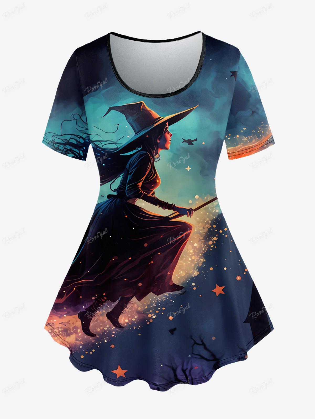 Plus Size Outfit Witch Eagle Cat Printed T-shirt Or Flare Pants Short Sleeves Halloween Tops Trousers Casual Women's Suits