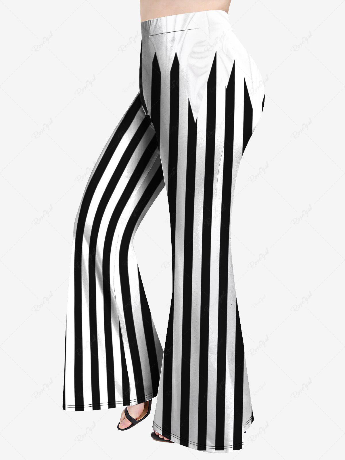 Halloween Colorblock Skeleton Printed T-shirt Or Black White Stripes Colorblock Print Flare Pants Ladies Casual Matching Set