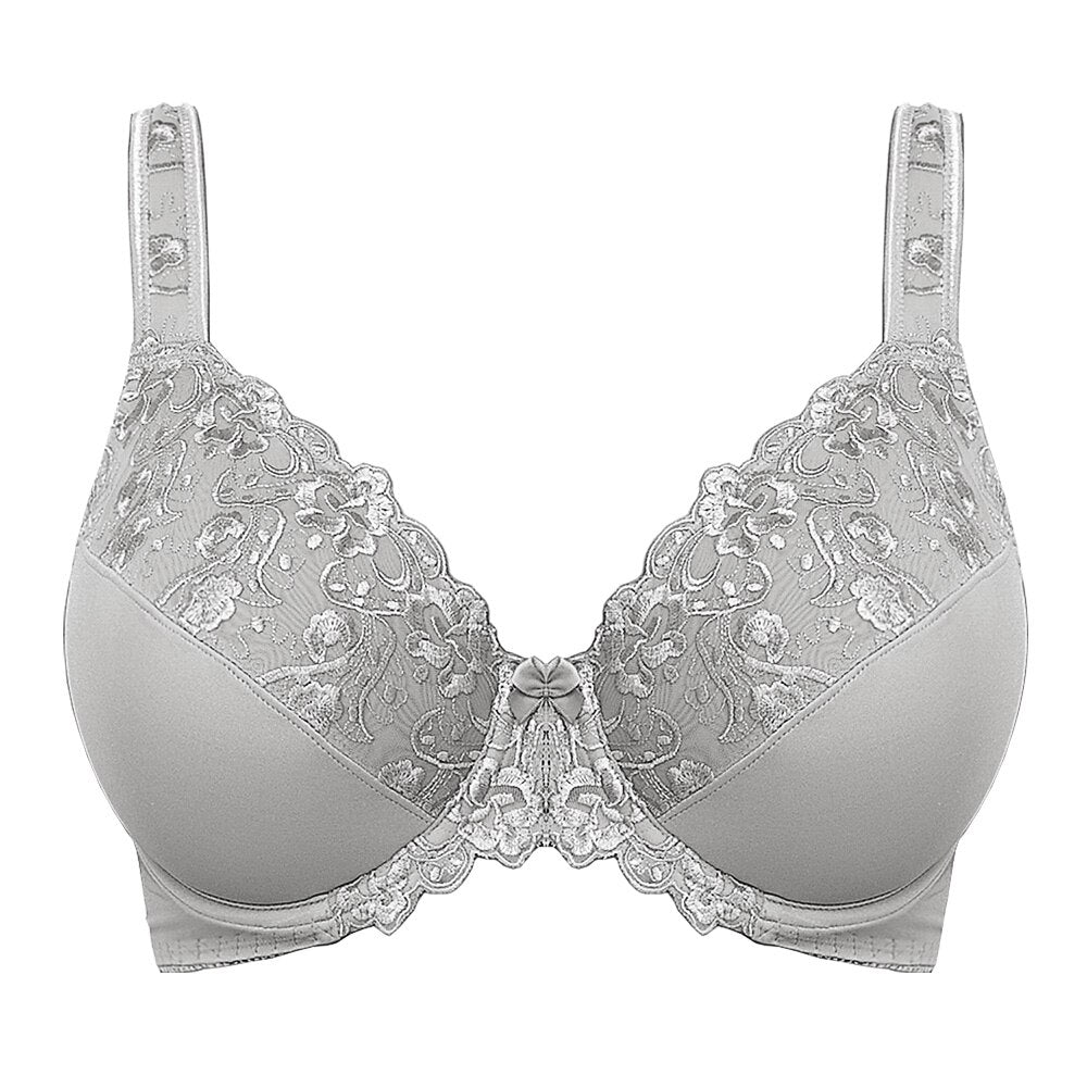 Minimizer Bra Plus Size Women Full Coverage Non-Padded Underwire Lace Black Floral Embroidery For Female B C D E F G H I J