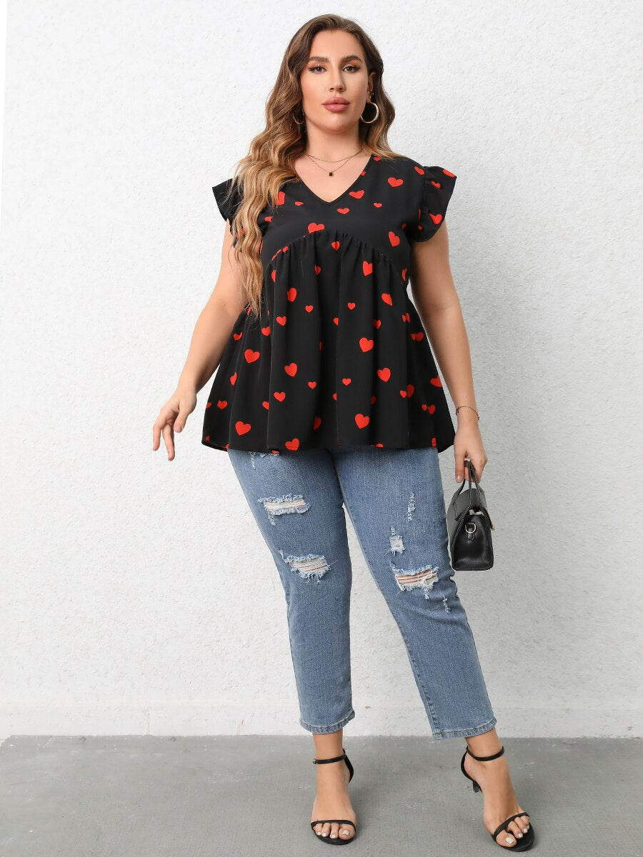 Finjani Red Heart Print Blouse 2023 New V-Neck Ruffle Trim Blouses Summer Casual Tee Loose And Breathable Plus Size Women's Tops