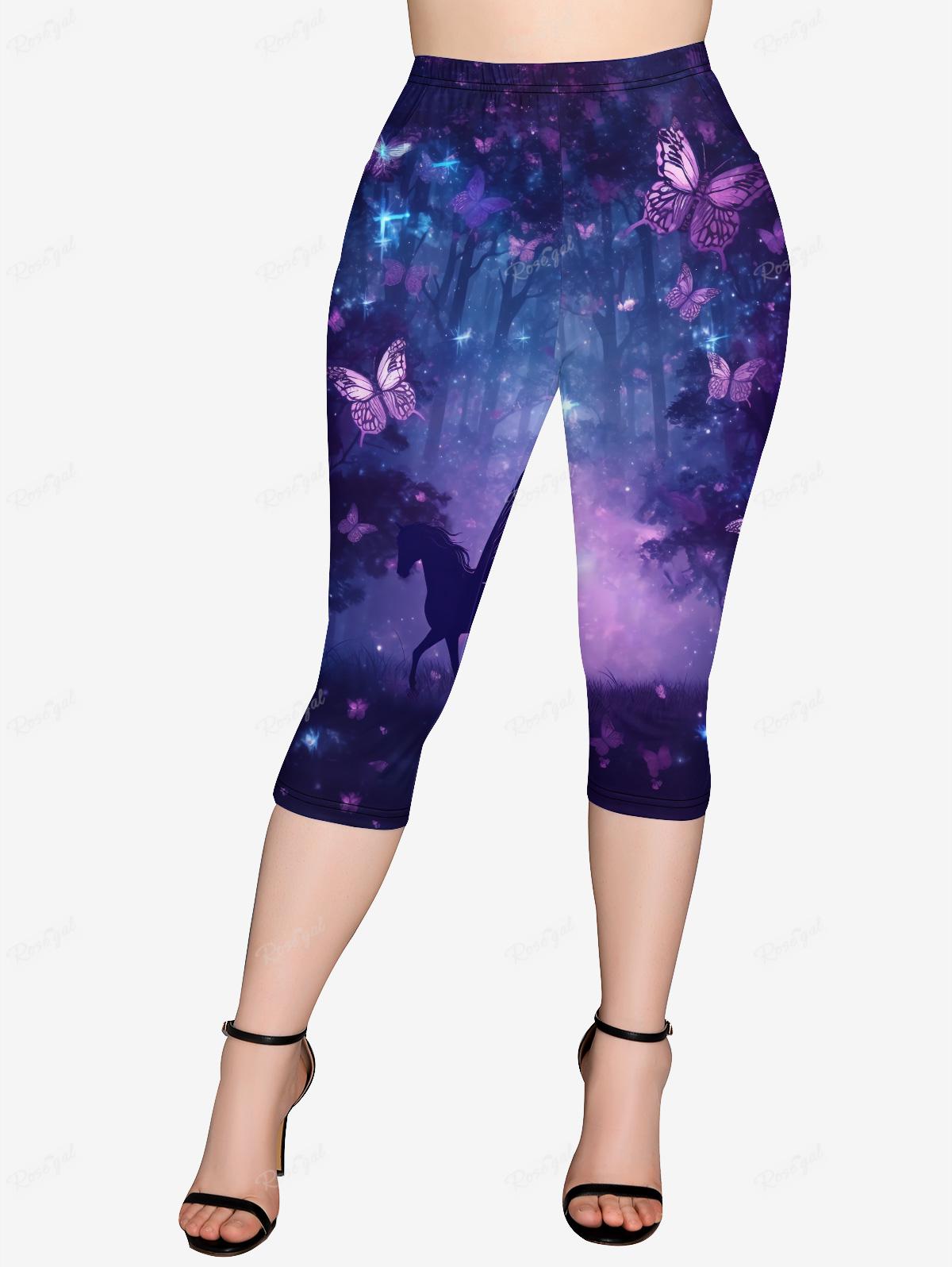 Plus Size Printed Short Sleeves T-shirt Or Pockets Capri Leggings Owl Unicorn 3D Graphic Tees Outfit Top Pant For Women