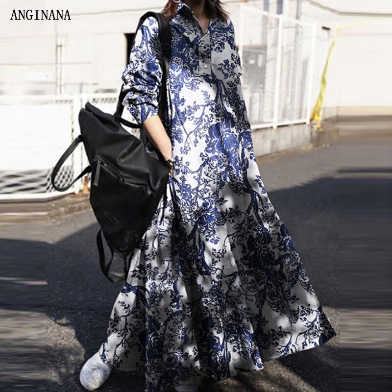 Summer oversized 10xl 150 kg women's dress large 6xl 8xl lapel long sleeve loose print big dress dark blue
