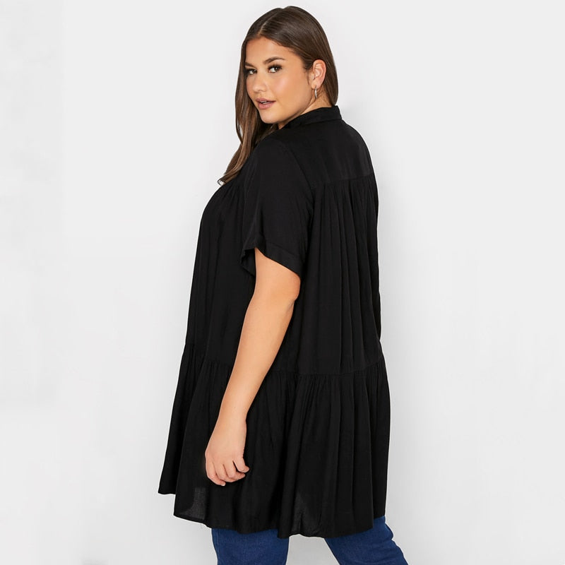 Plus Size Summer Elegant Longline Smock Shirt Women Short Sleeve Black Casual Tiered Blouse Large Size Loose Black Shirt 6XL 7XL