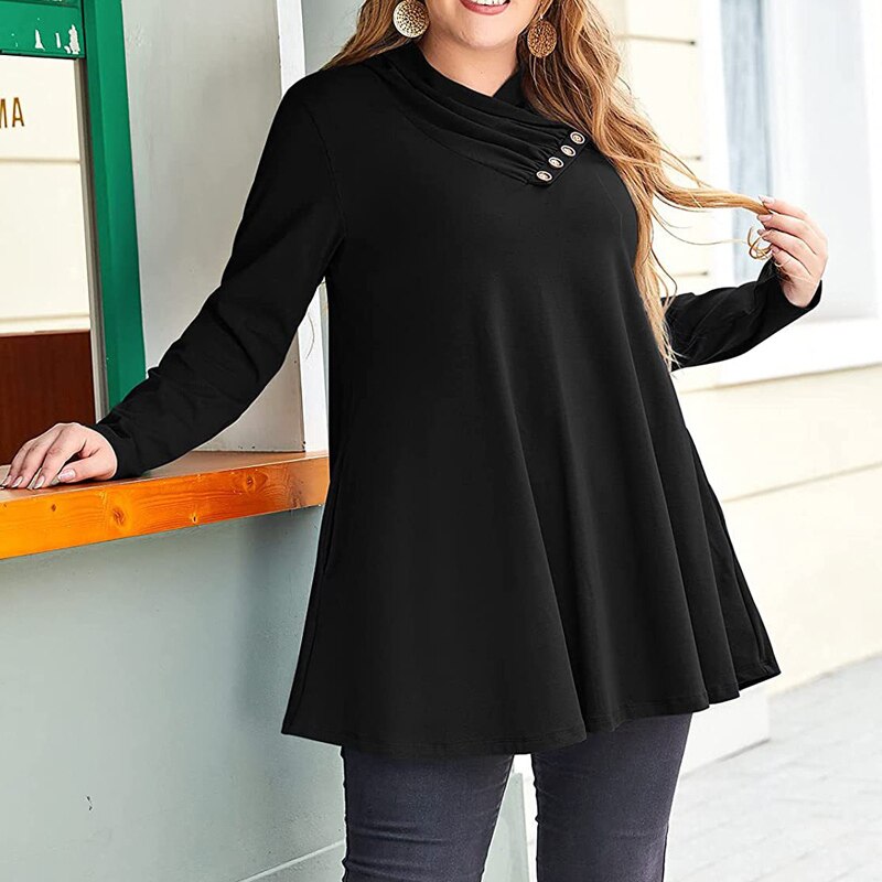 2022 Spring Autumn Ruffle V Neck Long Sleeve Plus Size with Pockets Tunic Tops Women Casual Solid Pullover Oversized Tee T Shirt