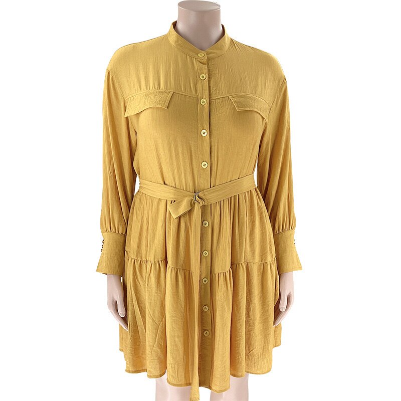 Plus Size Large Women's Dress Spring Autumn Solid Color Round Collar Single Breasted Women's Shirt Long Sleeve Pleated Dress
