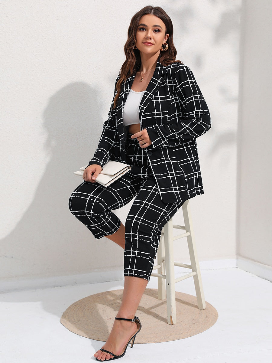 Finjani Plus Size Women Blazers Plaid Button Front Suit Sets Casual Blazer & Cropped Pants 2022 New Autumn And Winter Clothing