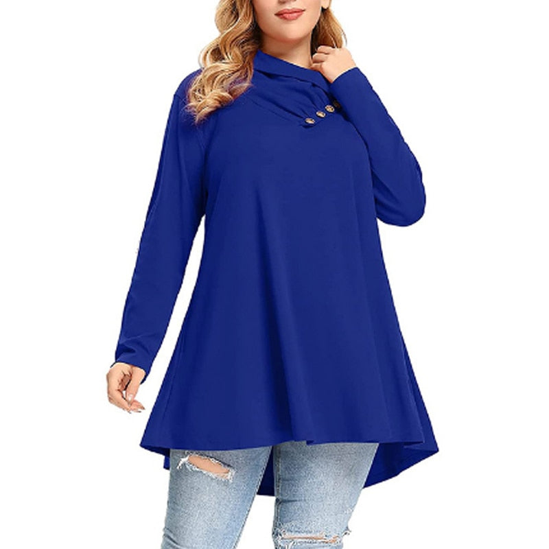 2022 Spring Autumn Ruffle V Neck Long Sleeve Plus Size with Pockets Tunic Tops Women Casual Solid Pullover Oversized Tee T Shirt