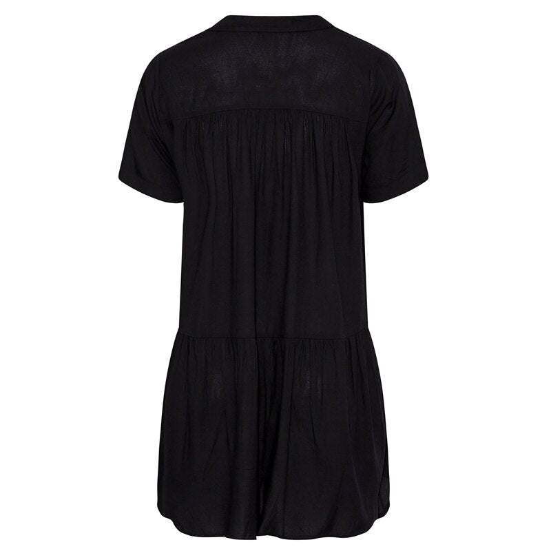 Plus Size Summer Elegant Longline Smock Shirt Women Short Sleeve Black Casual Tiered Blouse Large Size Loose Black Shirt 6XL 7XL