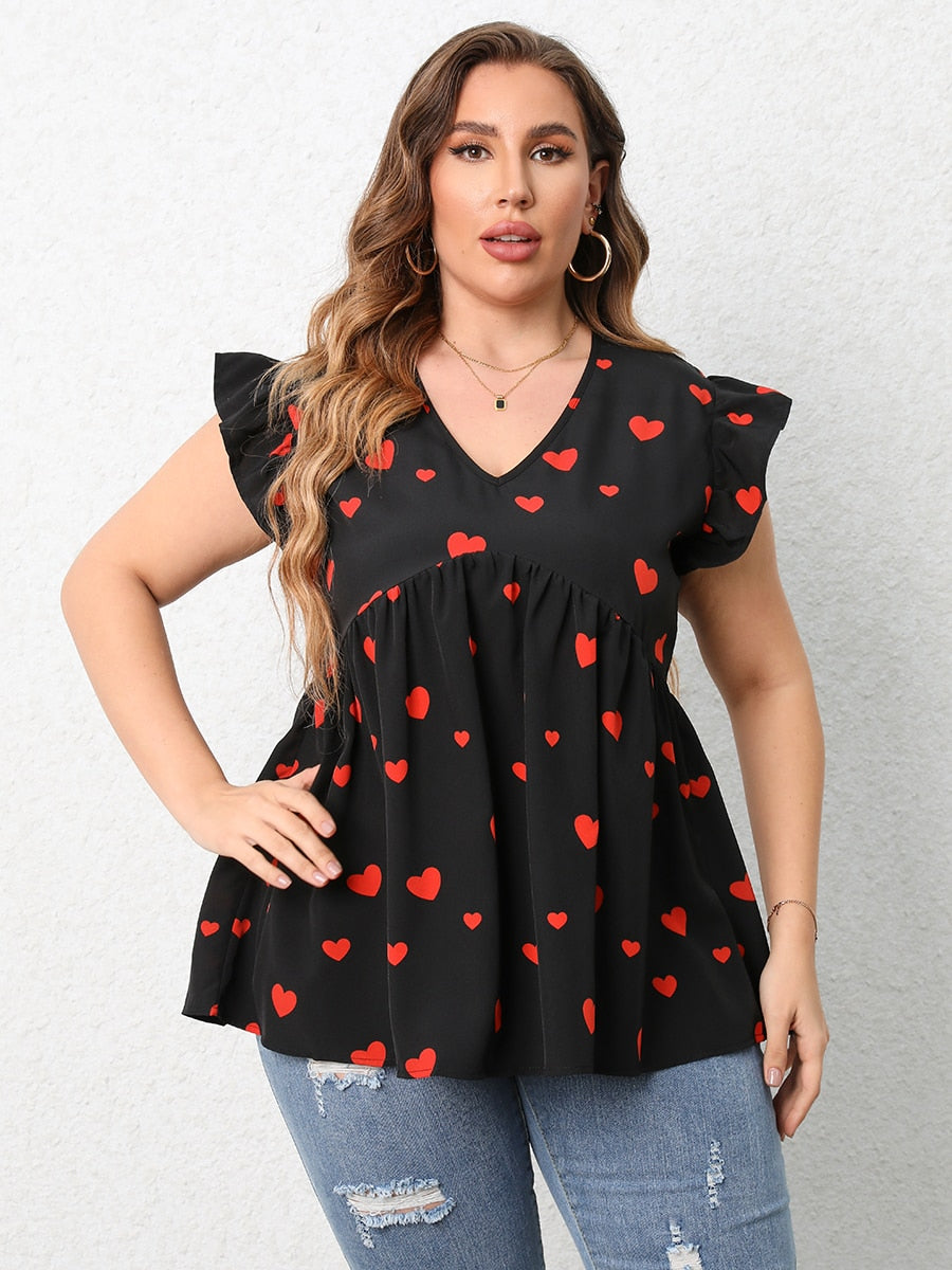 Finjani Red Heart Print Blouse 2023 New V-Neck Ruffle Trim Blouses Summer Casual Tee Loose And Breathable Plus Size Women's Tops