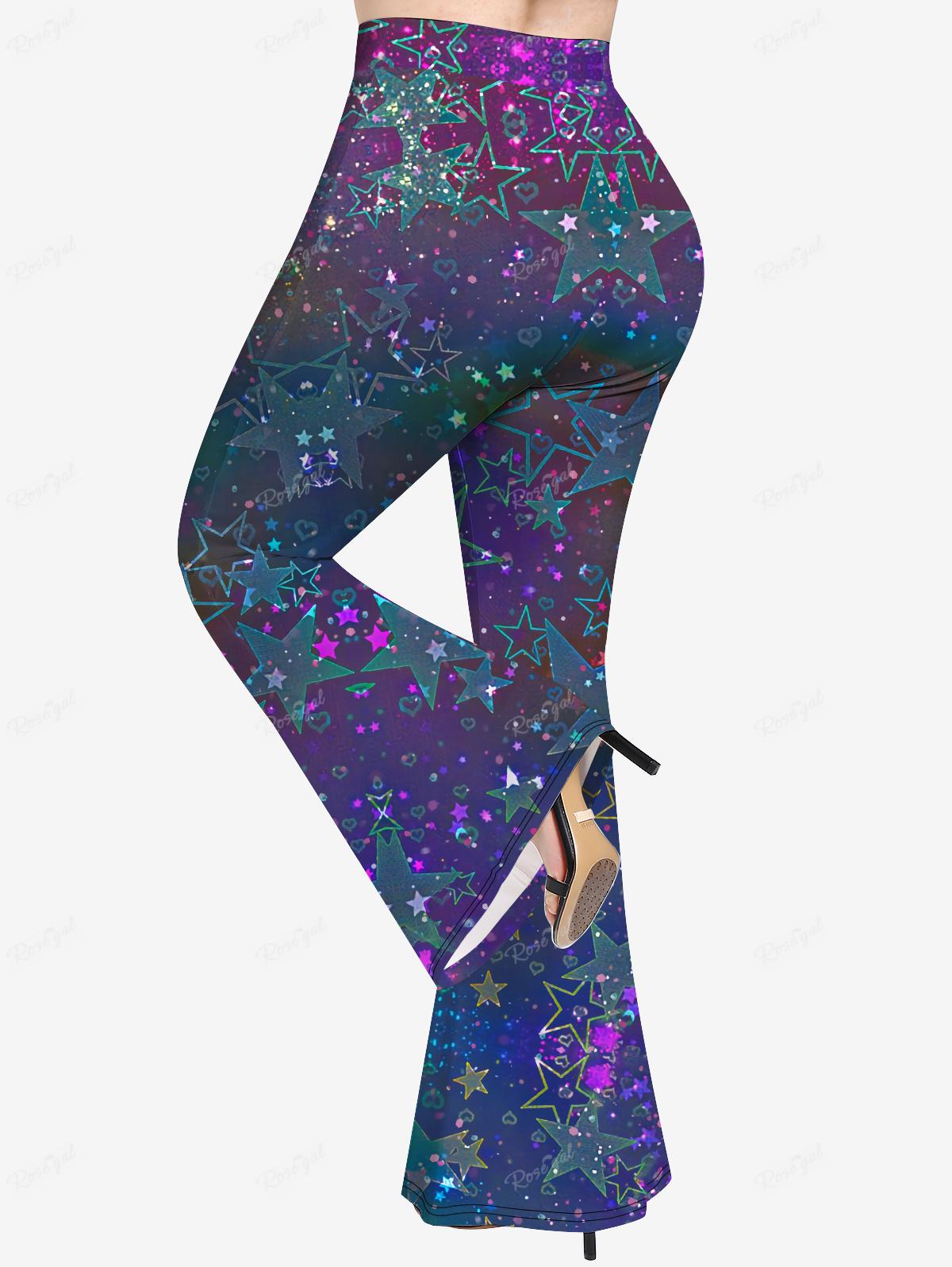 Ruched Star Heart Glitter Printed Cinched Tank Top Or Flare Pants Plus Size Matching Set Women Casual Streetwear Outfits