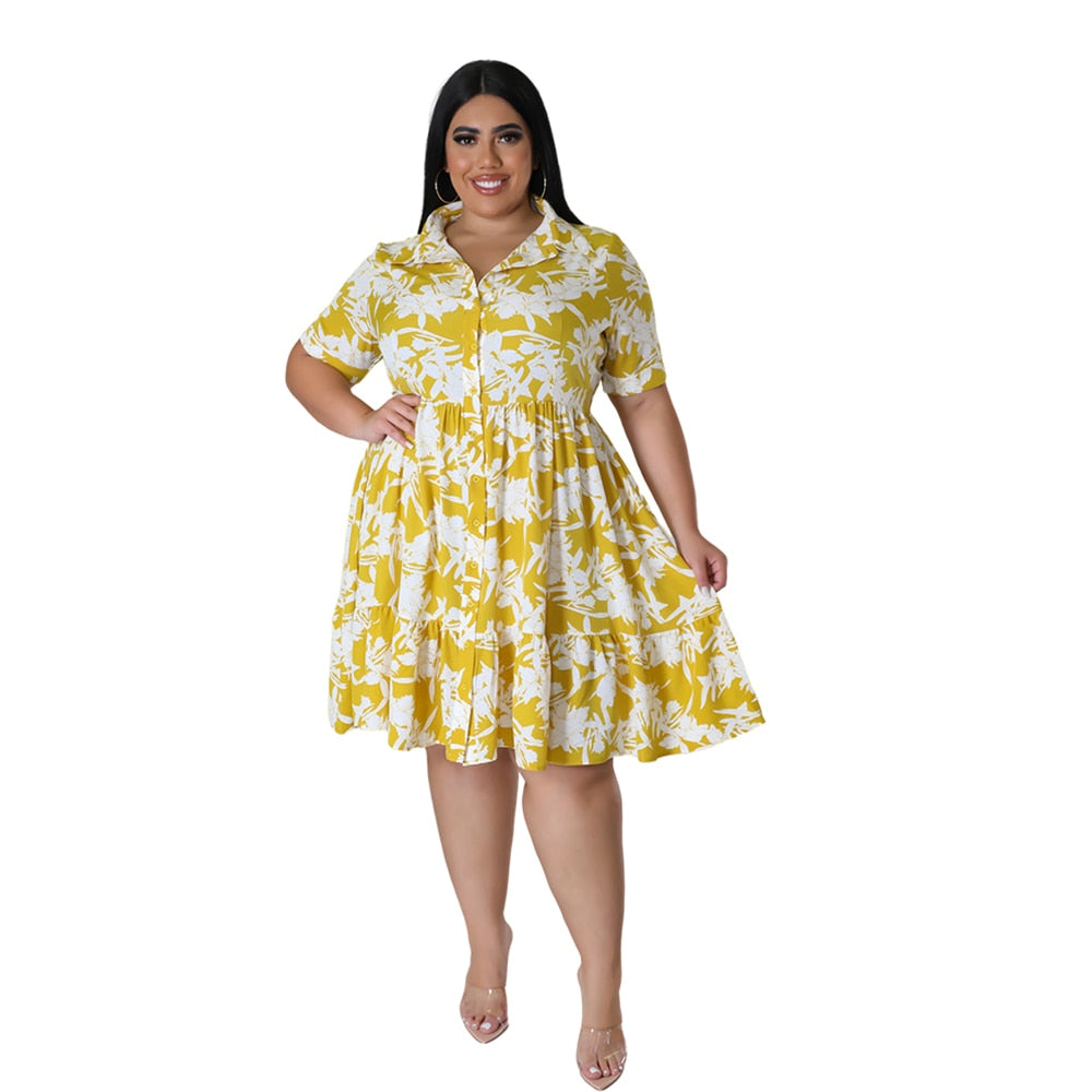 Plus Size Midi Dress Women Floral Print Female A Line Elegant Spring Summer Short sleeve Dress Casual Party Dresses
