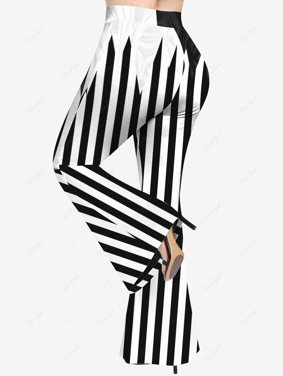 Halloween Colorblock Skeleton Printed T-shirt Or Black White Stripes Colorblock Print Flare Pants Ladies Casual Matching Set