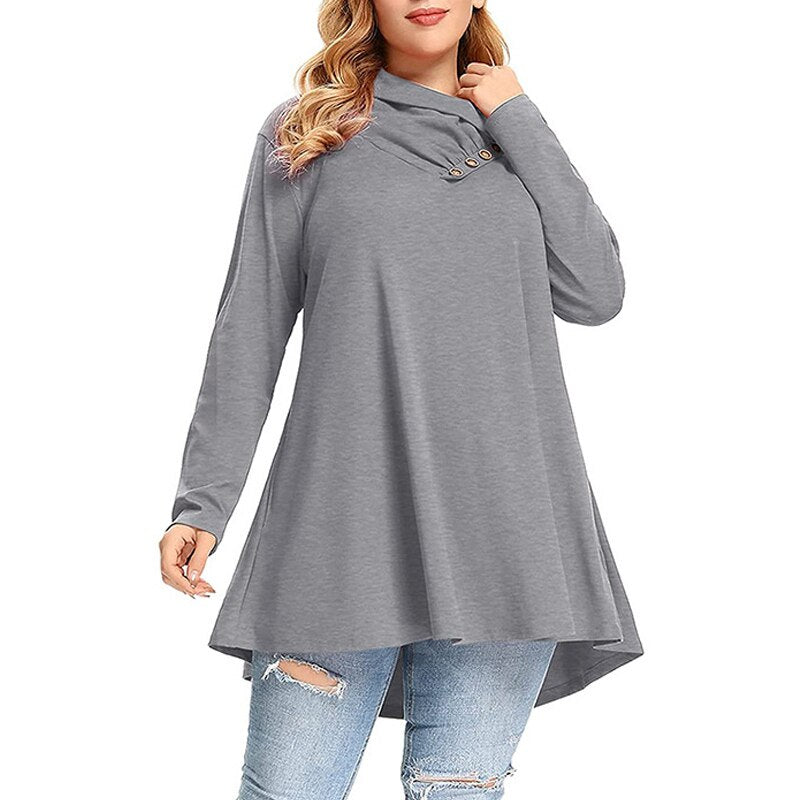 2022 Spring Autumn Ruffle V Neck Long Sleeve Plus Size with Pockets Tunic Tops Women Casual Solid Pullover Oversized Tee T Shirt