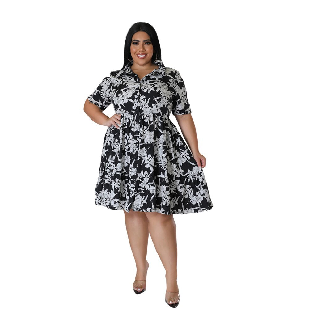 Plus Size Midi Dress Women Floral Print Female A Line Elegant Spring Summer Short sleeve Dress Casual Party Dresses