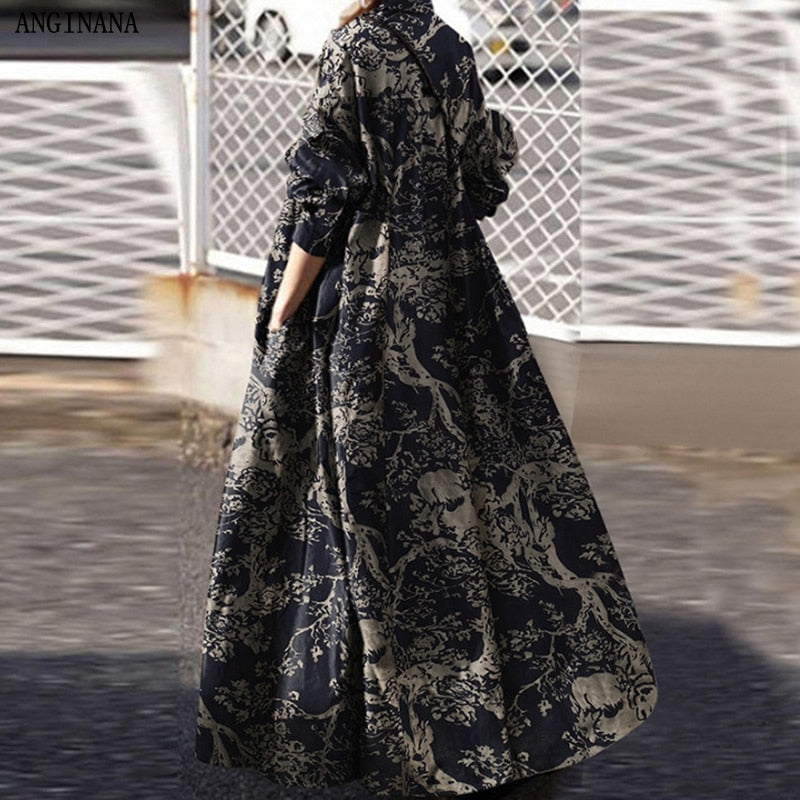 Summer oversized 10xl 150 kg women's dress large 6xl 8xl lapel long sleeve loose print big dress dark blue