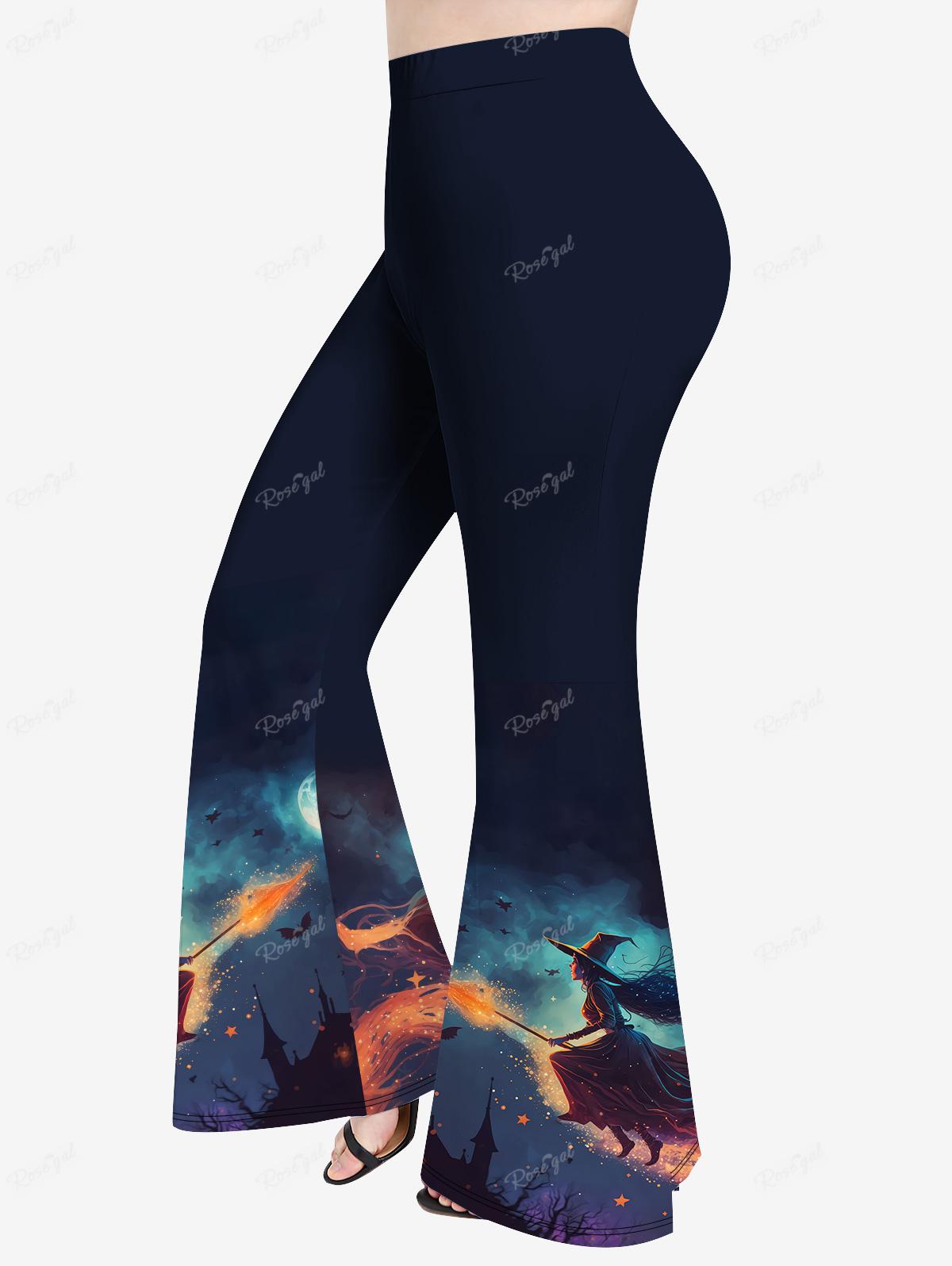 Plus Size Outfit Witch Eagle Cat Printed T-shirt Or Flare Pants Short Sleeves Halloween Tops Trousers Casual Women's Suits