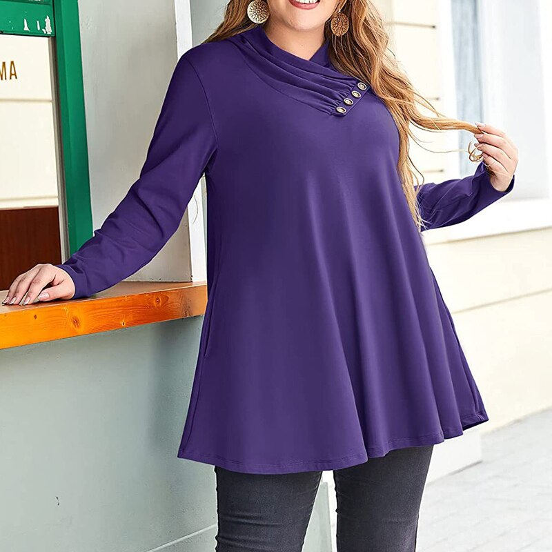 2022 Spring Autumn Ruffle V Neck Long Sleeve Plus Size with Pockets Tunic Tops Women Casual Solid Pullover Oversized Tee T Shirt