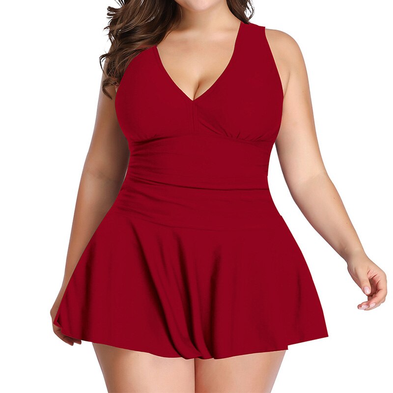 Casual V-Neck Solid Color Swimwear Women 2023 Summer Multi-element Print Sleeveless Skirt Style Plus Size Backless Bikinis Set