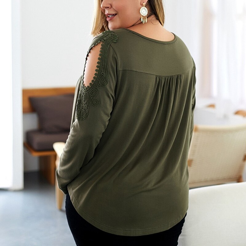 Autumn Casual Fashion T-Shirt 6XL 7XL 8XL 9XL Ladies Long Sleeve Embroidered Button Round Neck High Elastic T-Shirt Bust 143CM