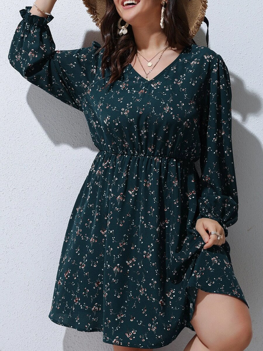 Plus Size Floral Print A-line Dress Women Long Puff Sleeve High Waist Elegant Spring Casual Midi Boho Dress Large Size 6XL 7XL