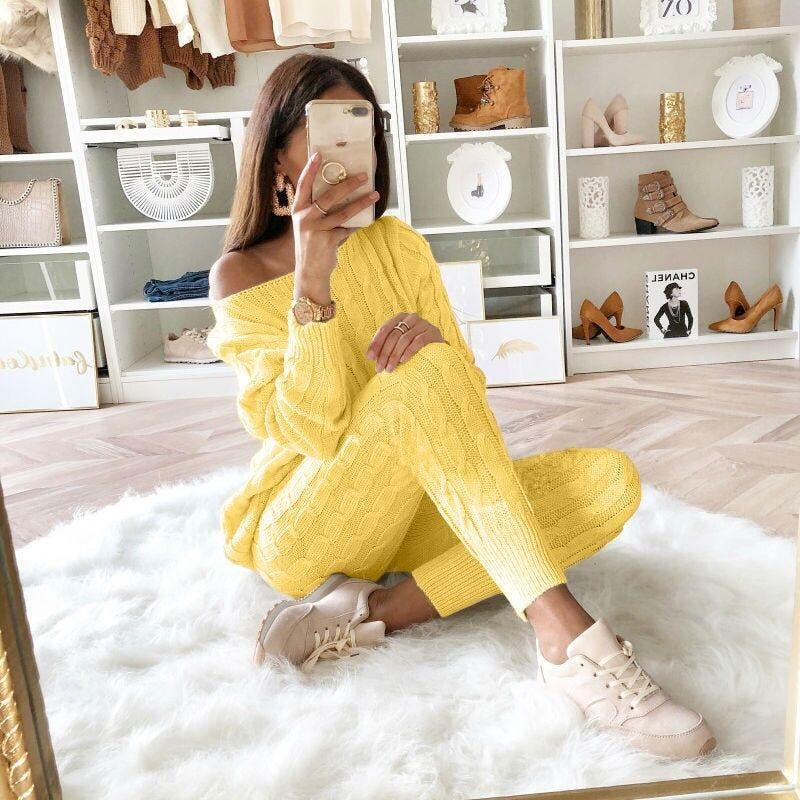 LW Plus Size Dropped Shoulder Knit Pants Set Women's Long Sleeve Knitted Casual Two-piece Sweater Long Sleeve Top Thick Sweaters