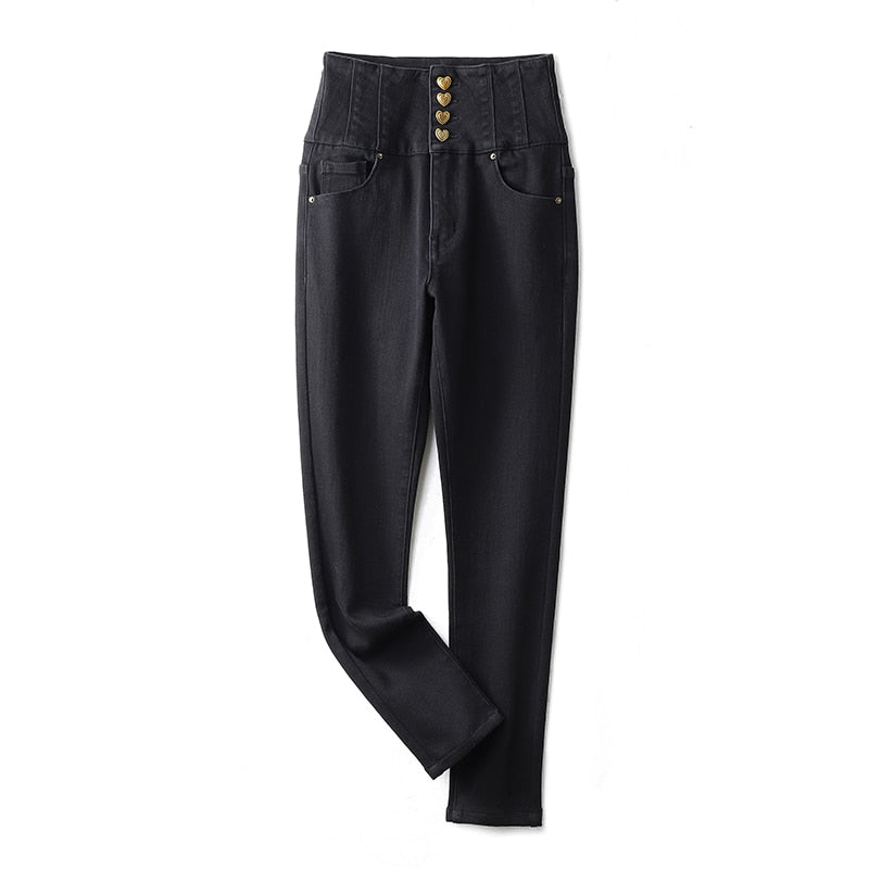 Plus Size Skinny Women Jeans Black Color Full Length Pencil Jeans for Women Button Fly Stretchy High Waist Jeans Denim Slim 2023