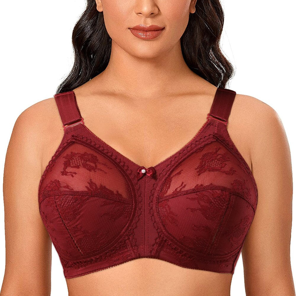 Plus Size Lace Bra Women Unlined Full Coverage Ultra Thin Wireless Adjusted-straps White Big Minimizer Bras D E F G H I