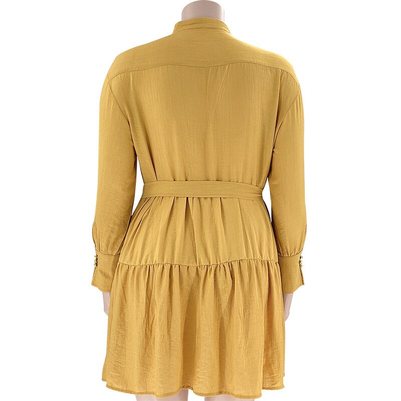 Plus Size Large Women's Dress Spring Autumn Solid Color Round Collar Single Breasted Women's Shirt Long Sleeve Pleated Dress