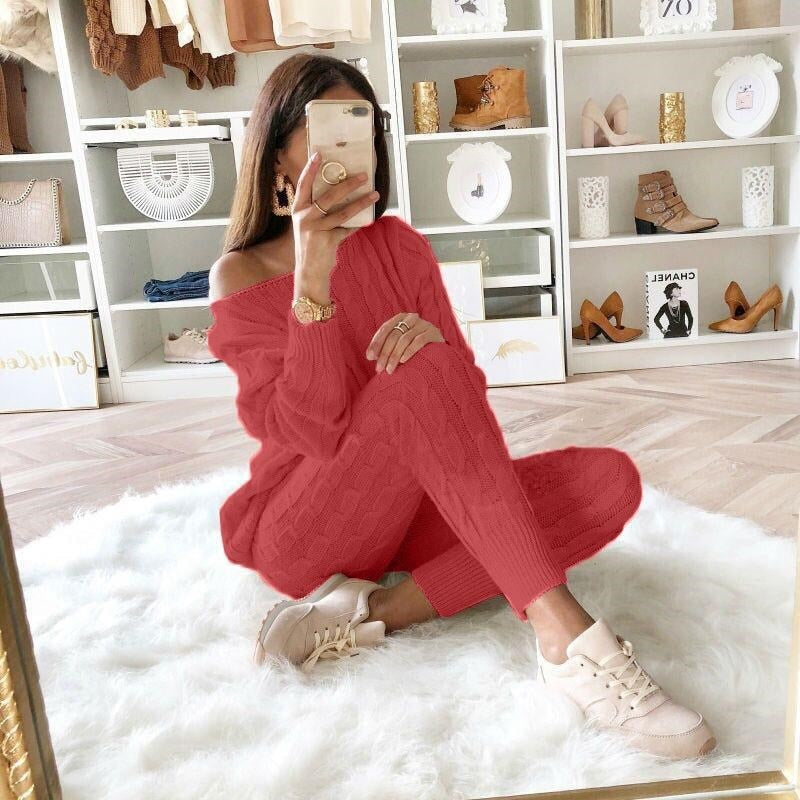 LW Plus Size Dropped Shoulder Knit Pants Set Women's Long Sleeve Knitted Casual Two-piece Sweater Long Sleeve Top Thick Sweaters