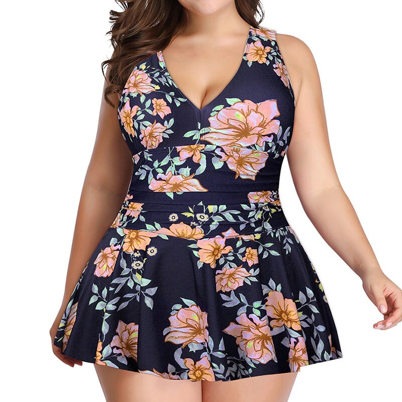 Casual V-Neck Solid Color Swimwear Women 2023 Summer Multi-element Print Sleeveless Skirt Style Plus Size Backless Bikinis Set
