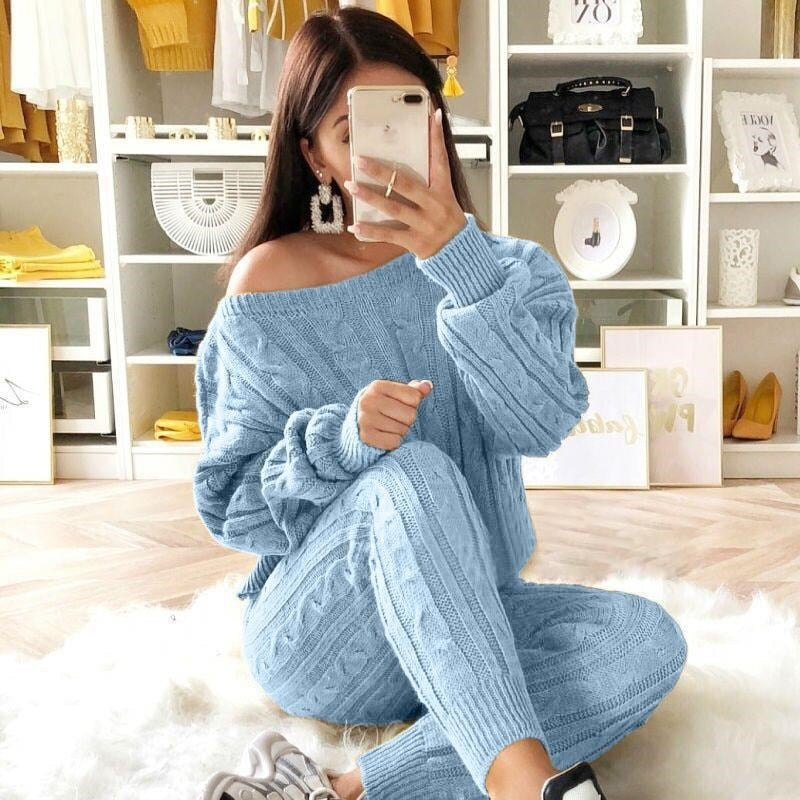 LW Plus Size Dropped Shoulder Knit Pants Set Women's Long Sleeve Knitted Casual Two-piece Sweater Long Sleeve Top Thick Sweaters