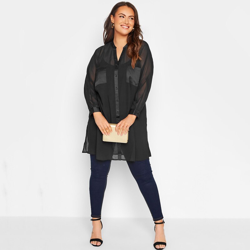 Plus Size Long Sleeve Spring Autumn Elegant Longline Shirt Women Button Up V-neck Black Blouse Large Size Business Shirt 6XL 7XL