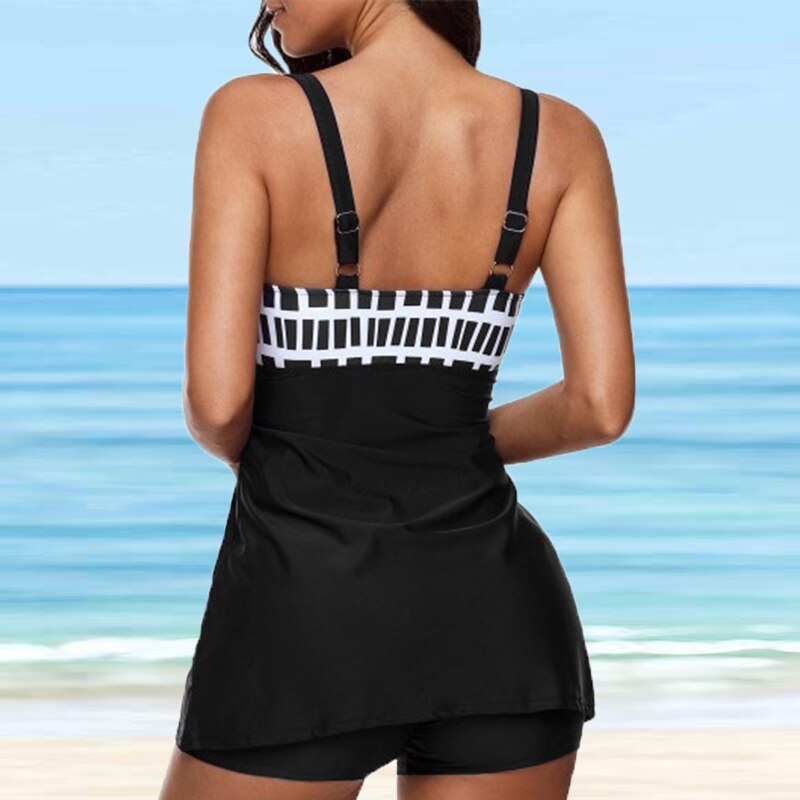 Contrasting Geometric Print Tankini Swimsuit