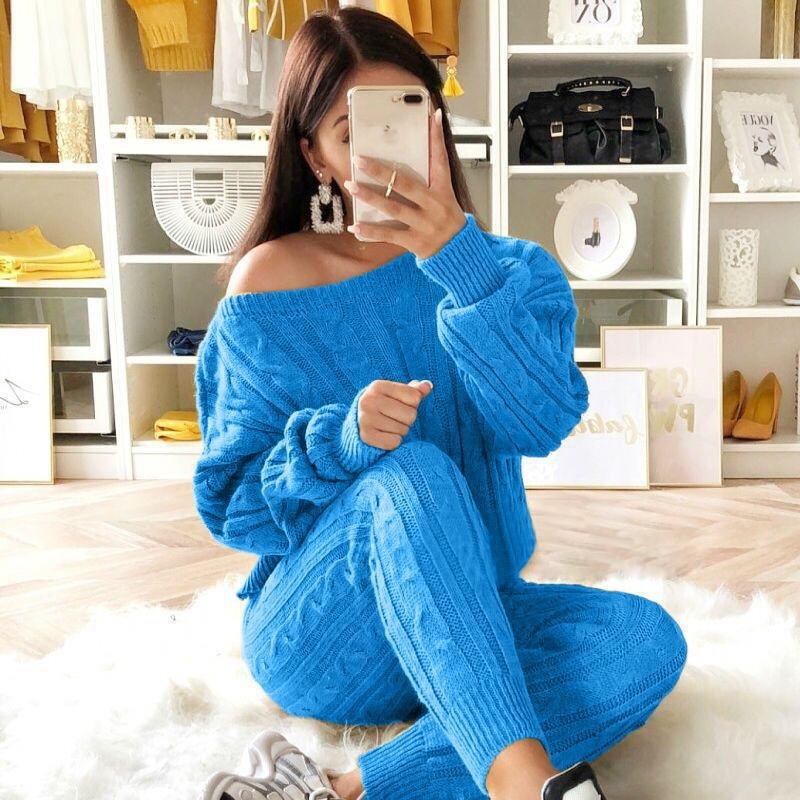 LW Plus Size Dropped Shoulder Knit Pants Set Women's Long Sleeve Knitted Casual Two-piece Sweater Long Sleeve Top Thick Sweaters