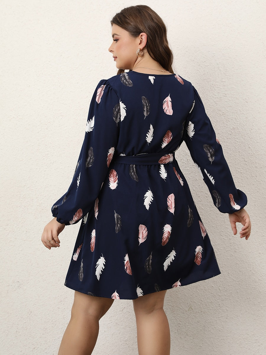 Finjani Plus Size Dress Sexy Deep V-Neck Feather Print Party Dress Trendy Butterfly End Waist Belt Women's Dresses