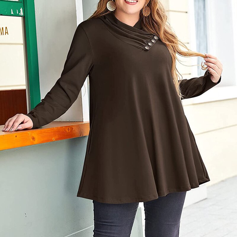 2022 Spring Autumn Ruffle V Neck Long Sleeve Plus Size with Pockets Tunic Tops Women Casual Solid Pullover Oversized Tee T Shirt