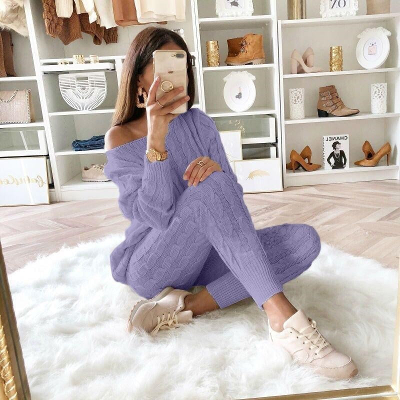 LW Plus Size Dropped Shoulder Knit Pants Set Women's Long Sleeve Knitted Casual Two-piece Sweater Long Sleeve Top Thick Sweaters