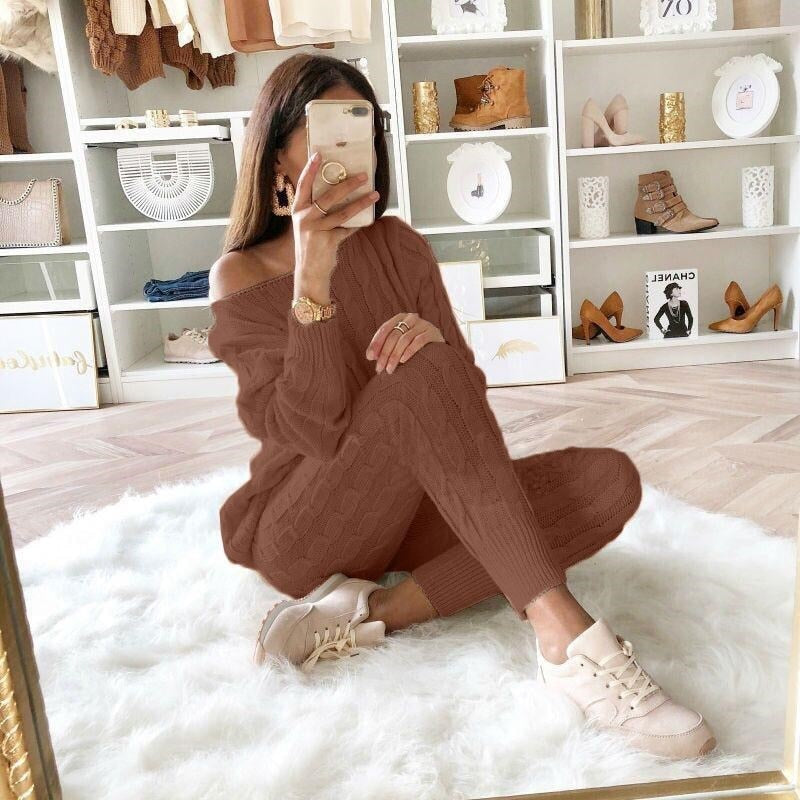 LW Plus Size Dropped Shoulder Knit Pants Set Women's Long Sleeve Knitted Casual Two-piece Sweater Long Sleeve Top Thick Sweaters