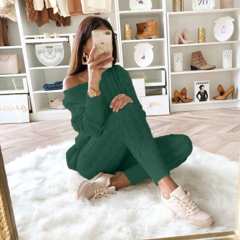 LW Plus Size Dropped Shoulder Knit Pants Set Women's Long Sleeve Knitted Casual Two-piece Sweater Long Sleeve Top Thick Sweaters