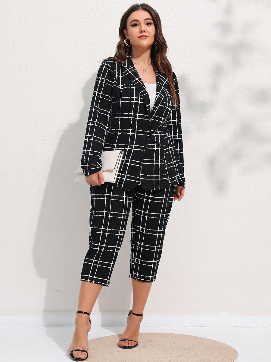Finjani Plus Size Women Blazers Plaid Button Front Suit Sets Casual Blazer & Cropped Pants 2022 New Autumn And Winter Clothing