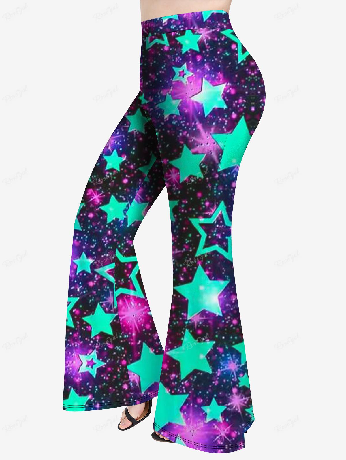 Ruched Star Heart Glitter Printed Cinched Tank Top Or Flare Pants Plus Size Matching Set Women Casual Streetwear Outfits