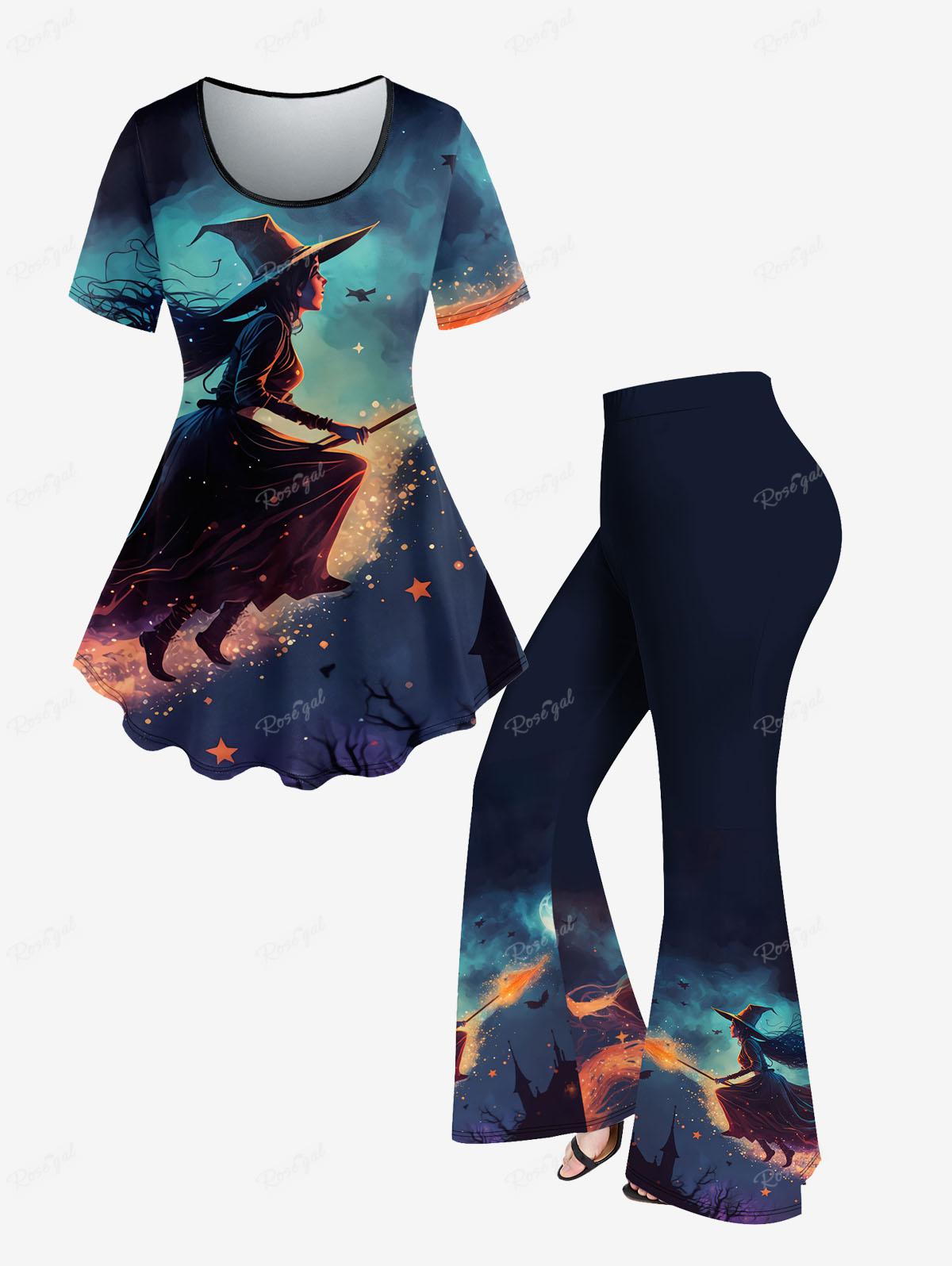 Plus Size Outfit Witch Eagle Cat Printed T-shirt Or Flare Pants Short Sleeves Halloween Tops Trousers Casual Women's Suits