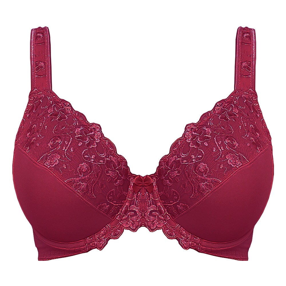 Wine Embroidered Underwire Bra With Lace Trim