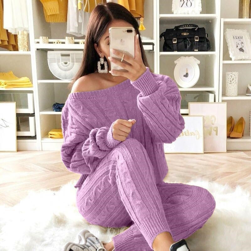 LW Plus Size Dropped Shoulder Knit Pants Set Women's Long Sleeve Knitted Casual Two-piece Sweater Long Sleeve Top Thick Sweaters