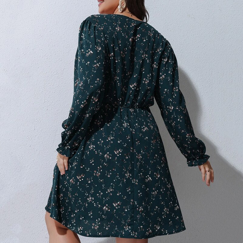 Plus Size Floral Print A-line Dress Women Long Puff Sleeve High Waist Elegant Spring Casual Midi Boho Dress Large Size 6XL 7XL