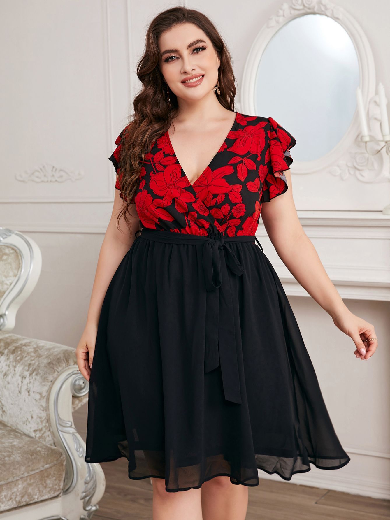 Della Mel Plus Size Fashion Women&#39;s Elegant Women Dresses For Women Clothing 2022 Summer Casual Print V Neck A-Line Short Dress